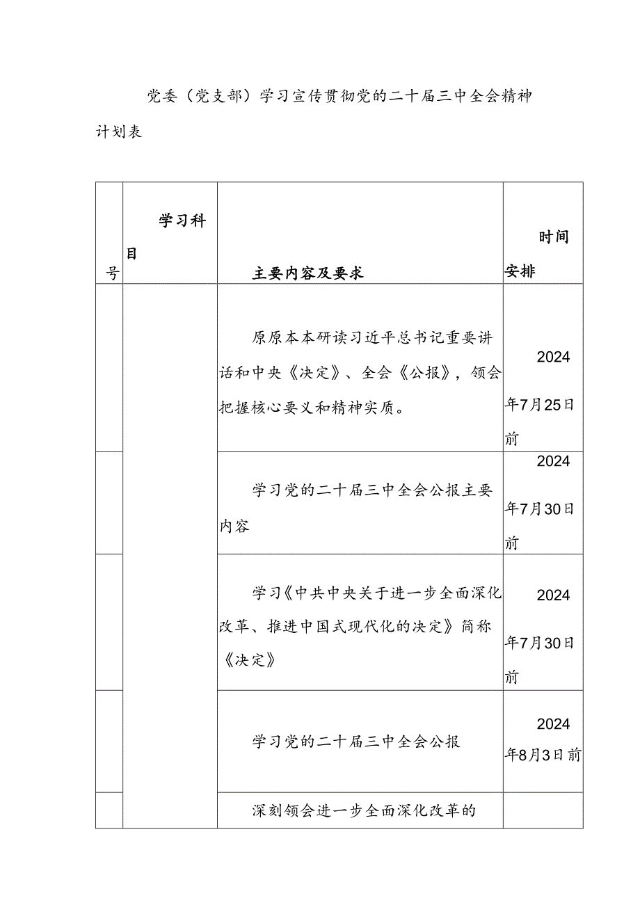 2024年党委（党支部）学习宣传贯彻党的二十届三中全会精神计划表.docx_第1页