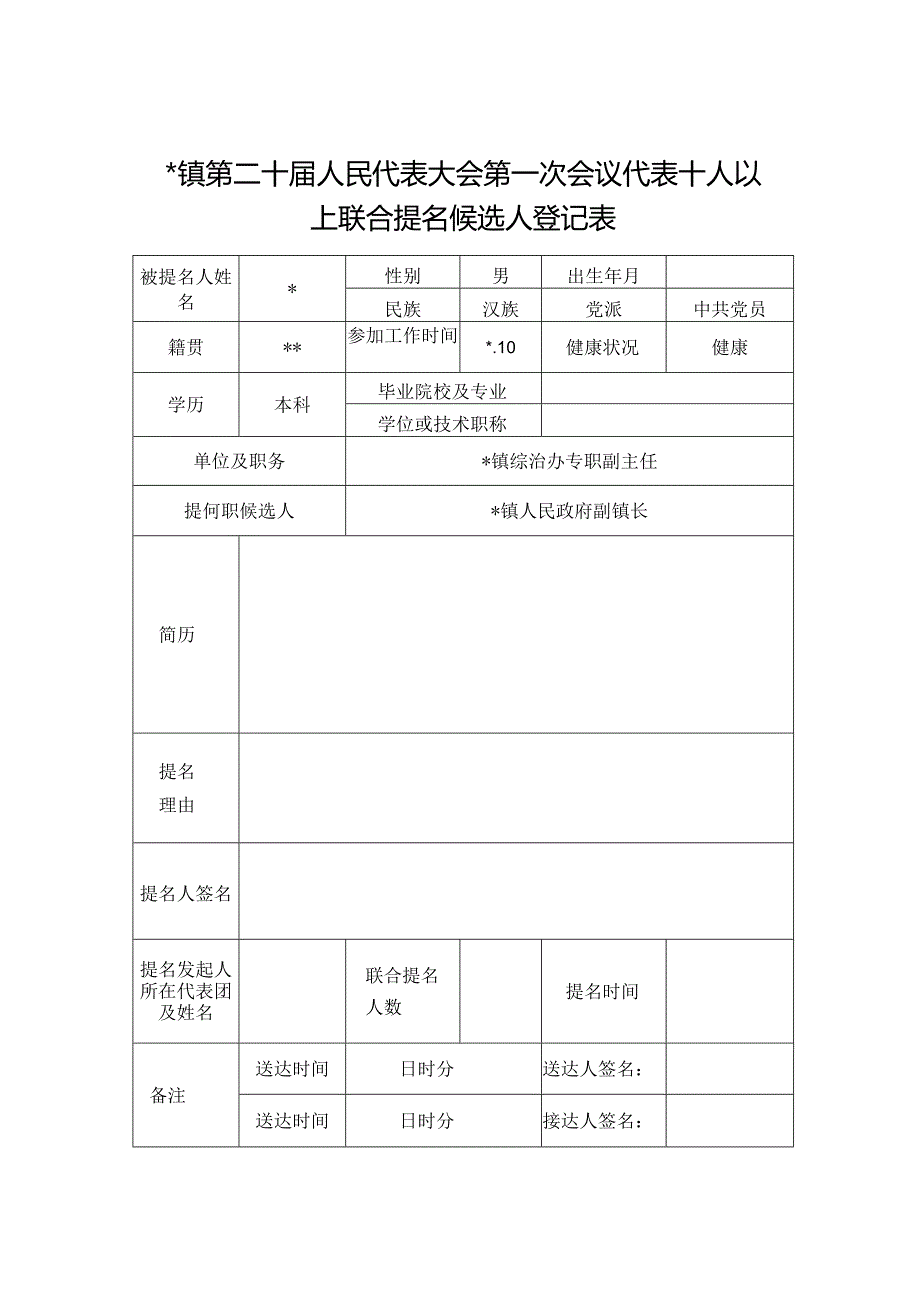 人民代表大会第一次会议代表十人以上联合提名候选人登记表.docx_第1页