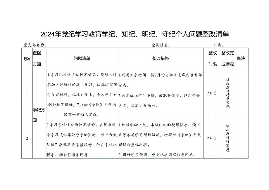 2024年党纪学习教育学纪、知纪、明纪、守纪个人存在问题检视剖析整改清单台账.docx_第1页