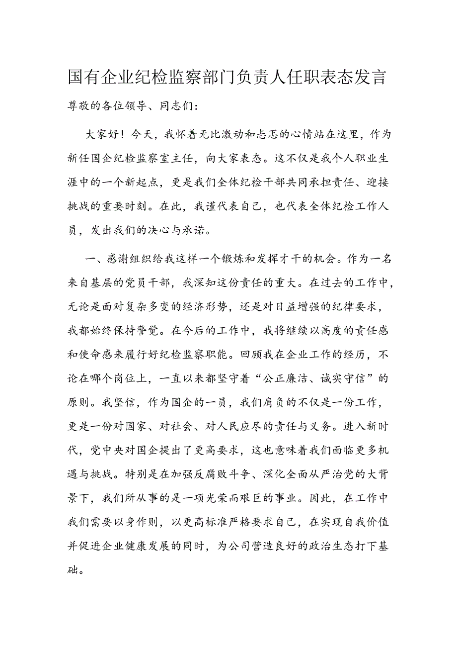 国有企业纪检监察部门负责人任职表态发言1.docx_第1页