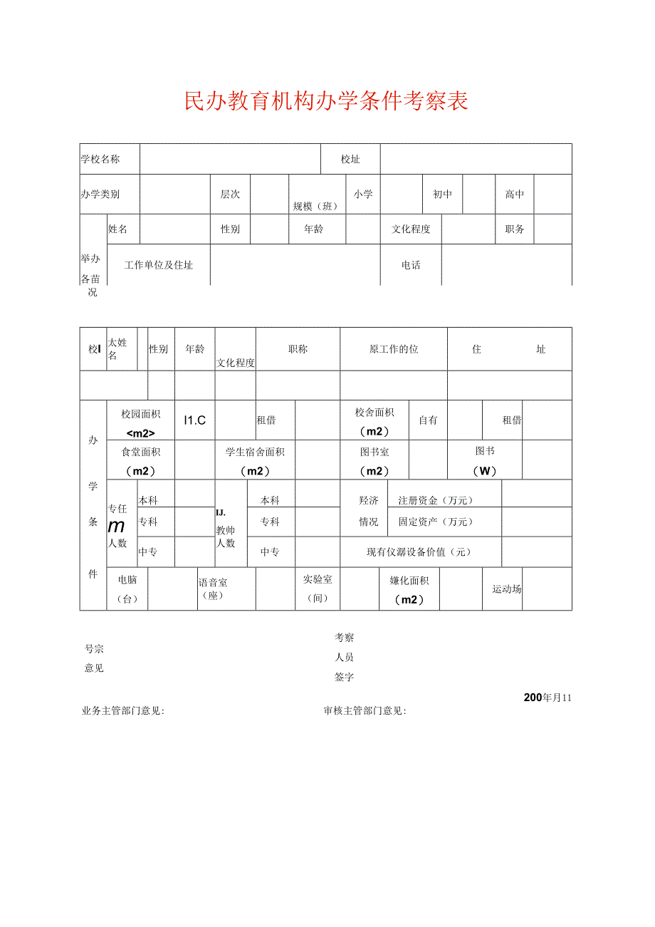 民办教育机构办学条件考察表模板.docx_第1页