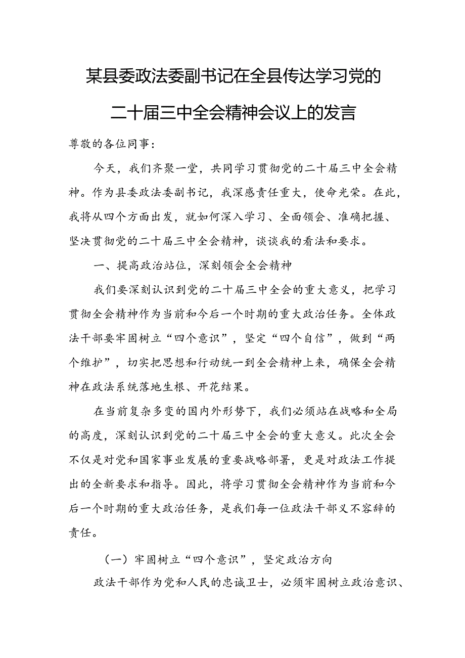 某县委政法委副书记在全县传达学习党的二十届三中全会精神会议上的发言.docx_第1页