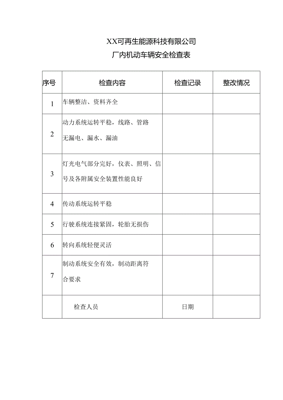 XX可再生能源科技有限公司厂内机动车辆安全检查表（2024年）.docx_第1页