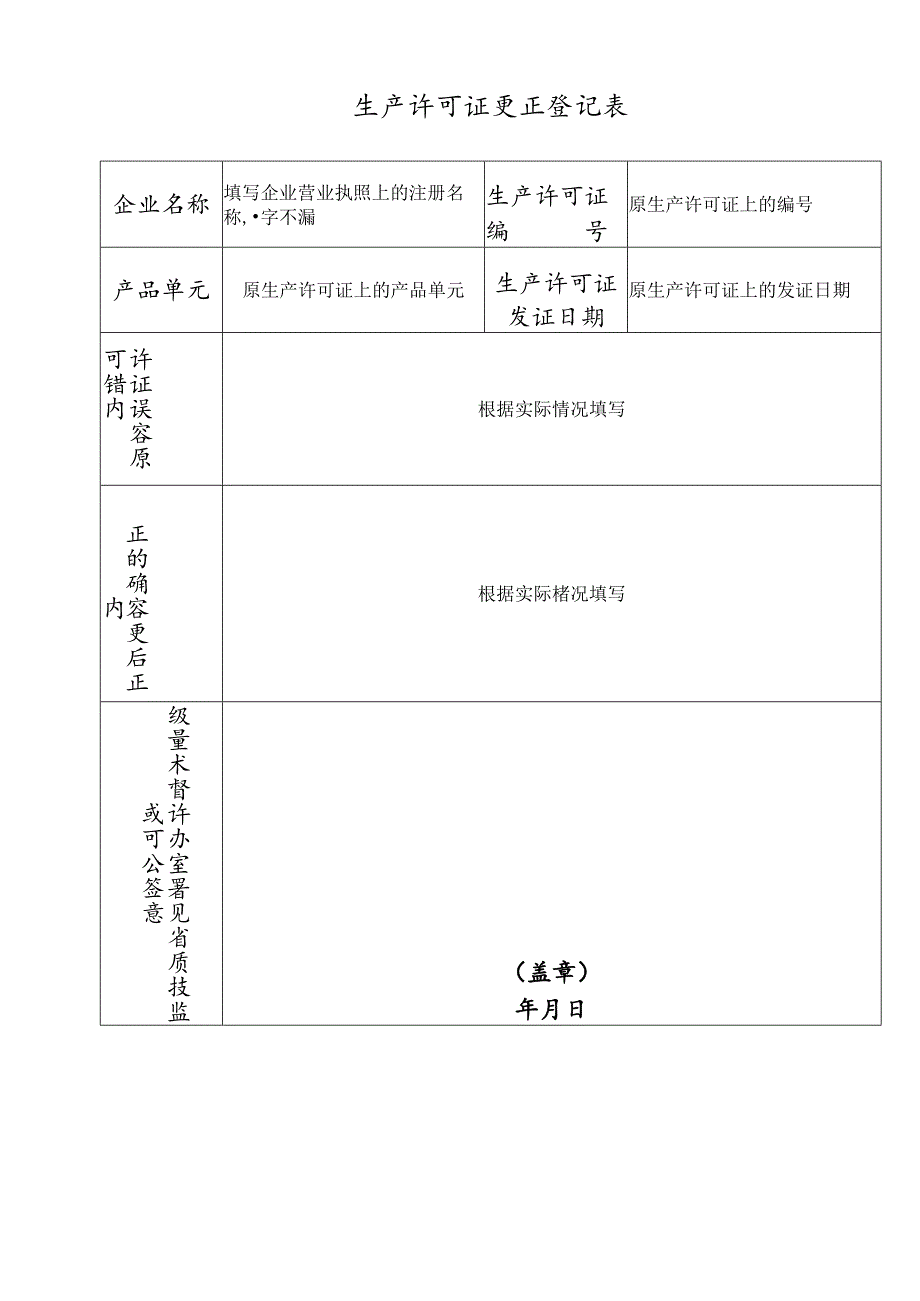 生产许可证更正登记表模板.docx_第1页