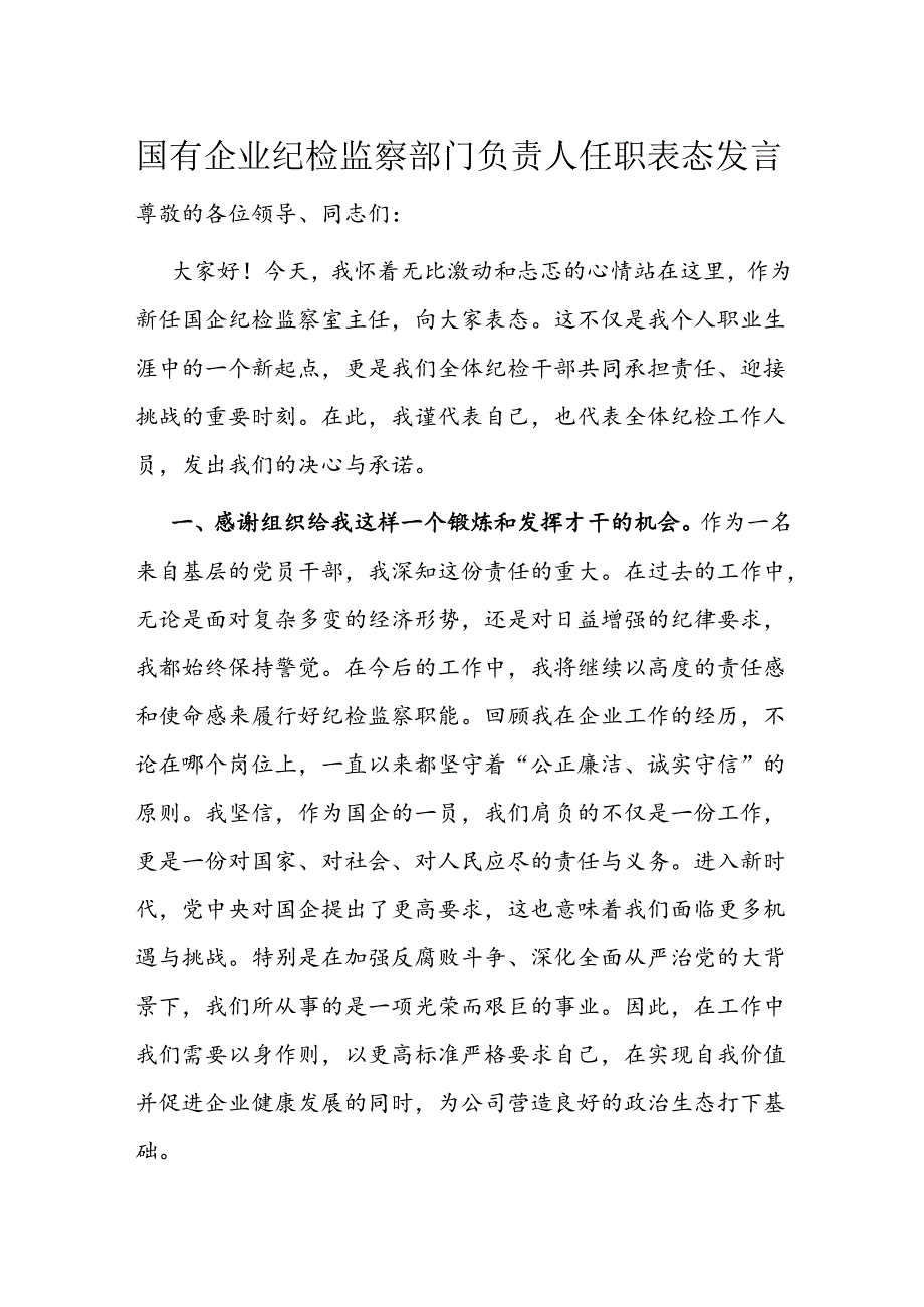 国有企业纪检监察部门负责人任职表态发言.docx_第1页