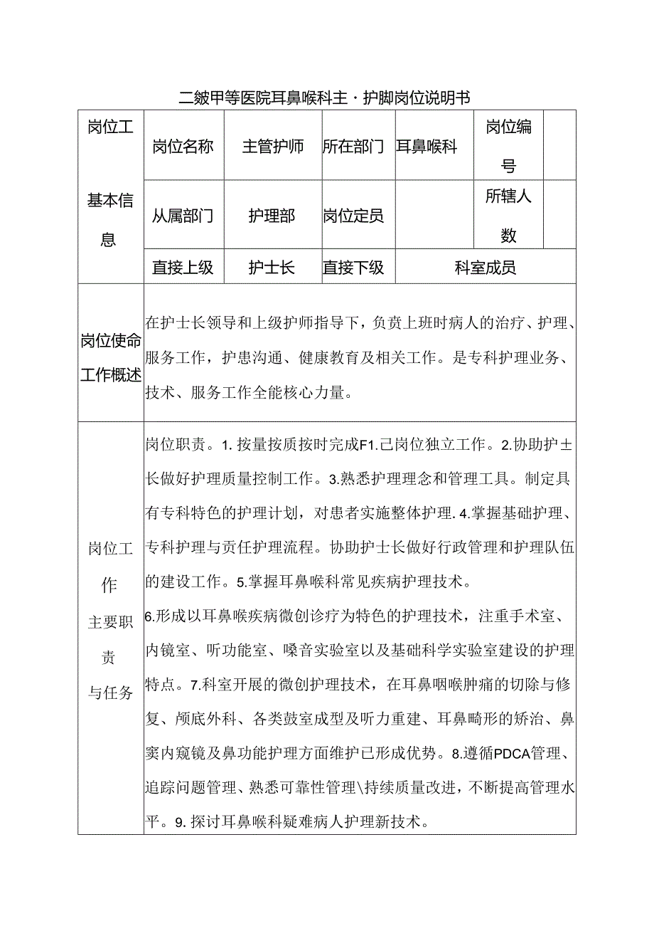 二级甲等医院耳鼻喉科主管护师岗位说明书.docx_第1页