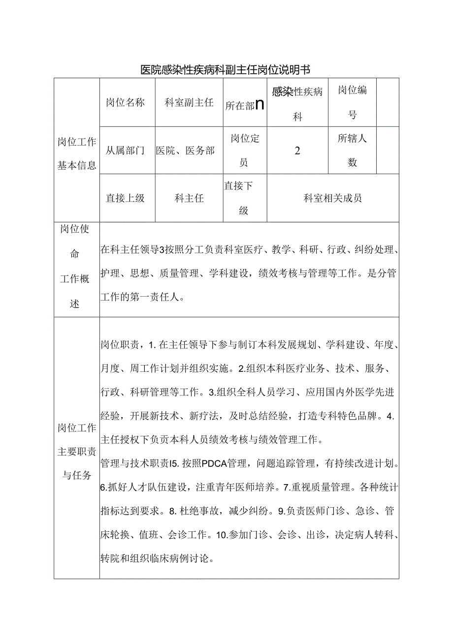 医院感染性疾病科副主任岗位说明书.docx_第1页