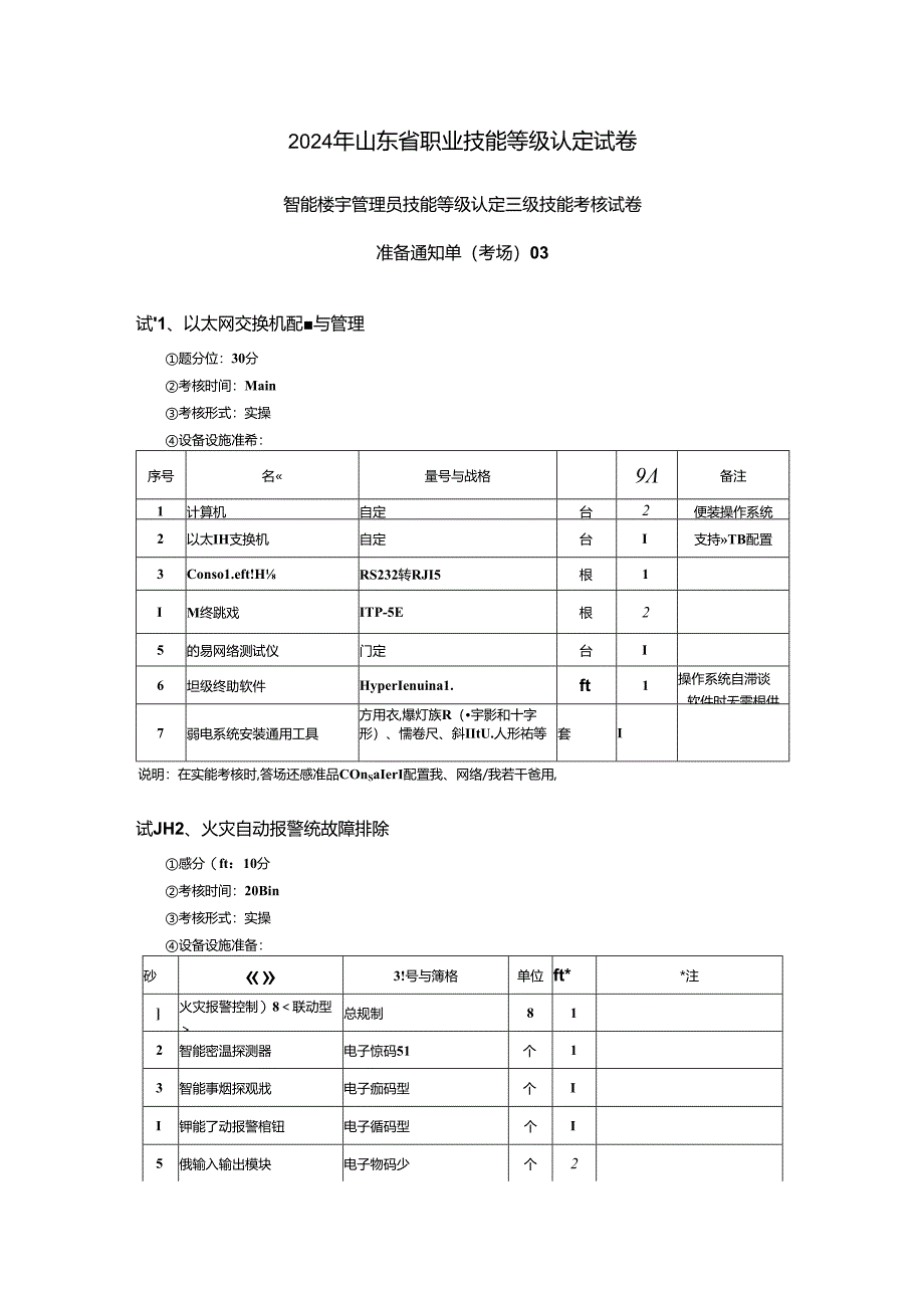 2024年山东省职业技能等级认定试卷 真题 智能楼宇管理员三级_技能__考场准备.docx_第1页