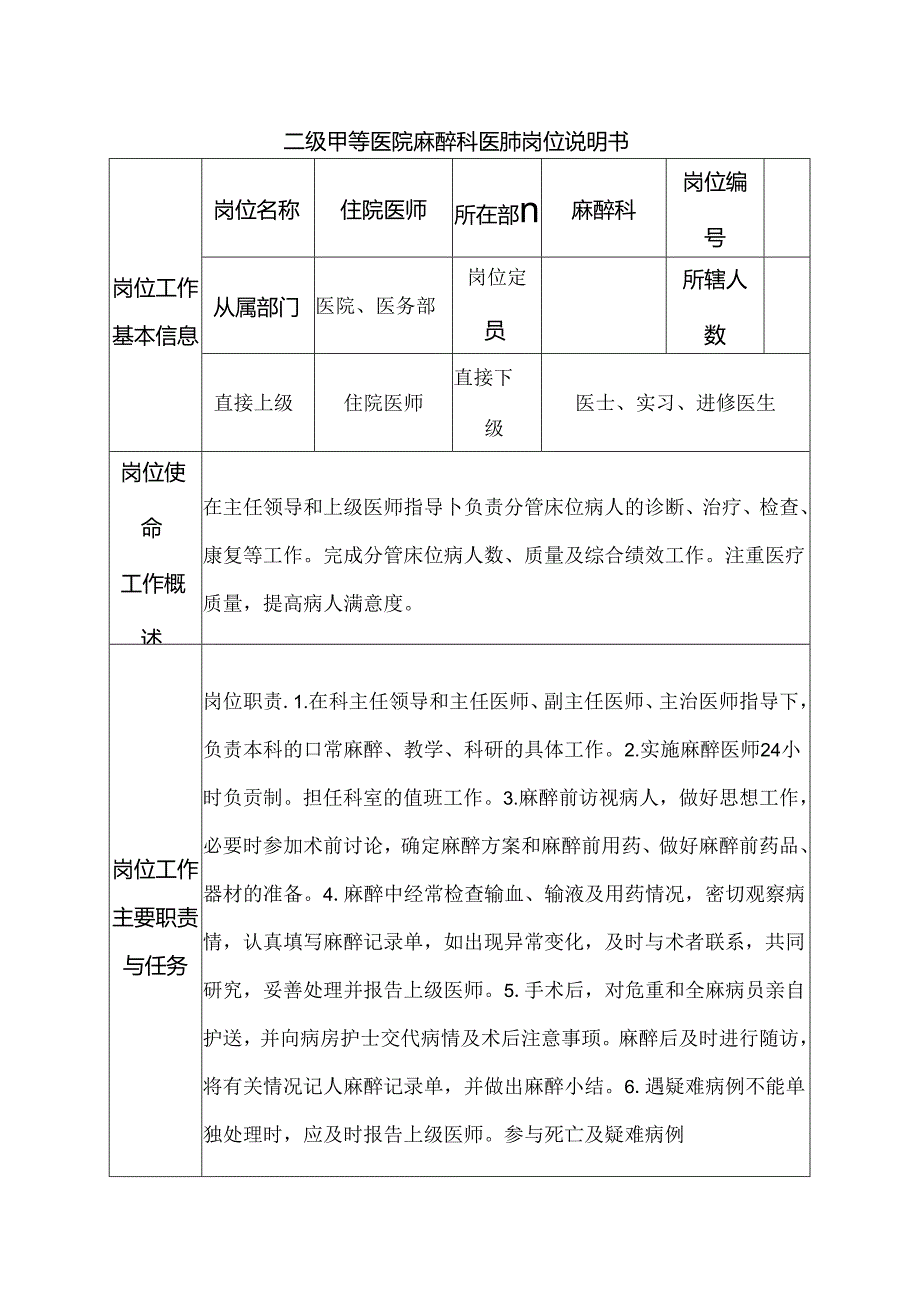 二级甲等医院麻醉科医师岗位说明书.docx_第1页