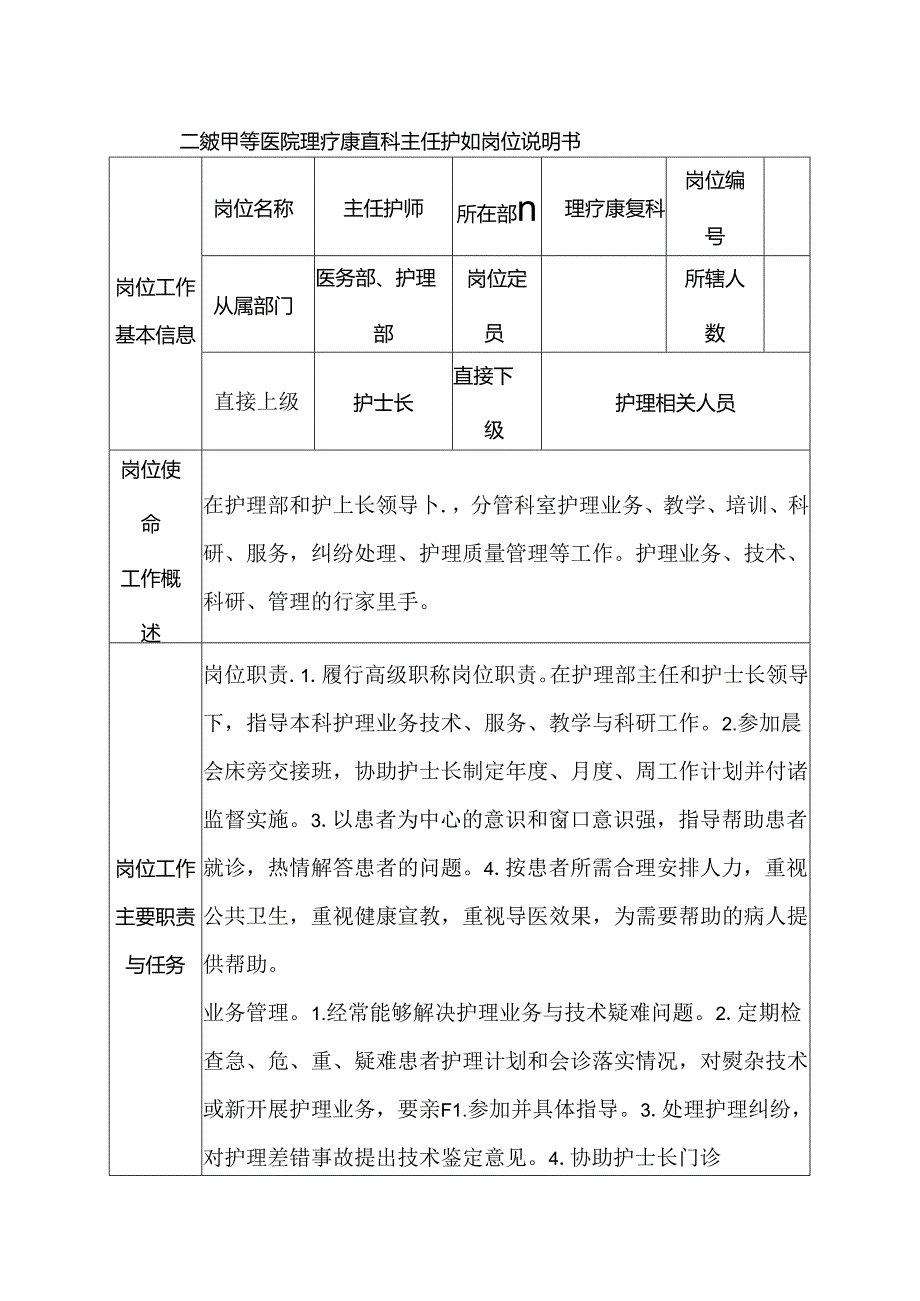 二级甲等医院理疗康复科主任护师岗位说明书.docx_第1页