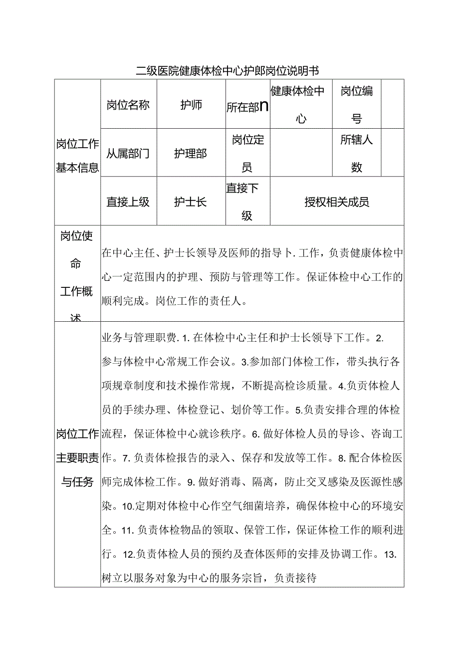 二级医院健康体检中心护师岗位说明书.docx_第1页