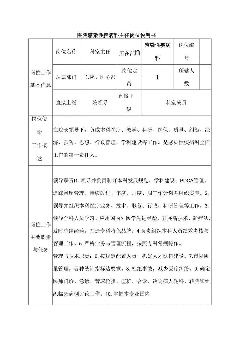 医院感染性疾病科主任岗位说明书.docx_第1页