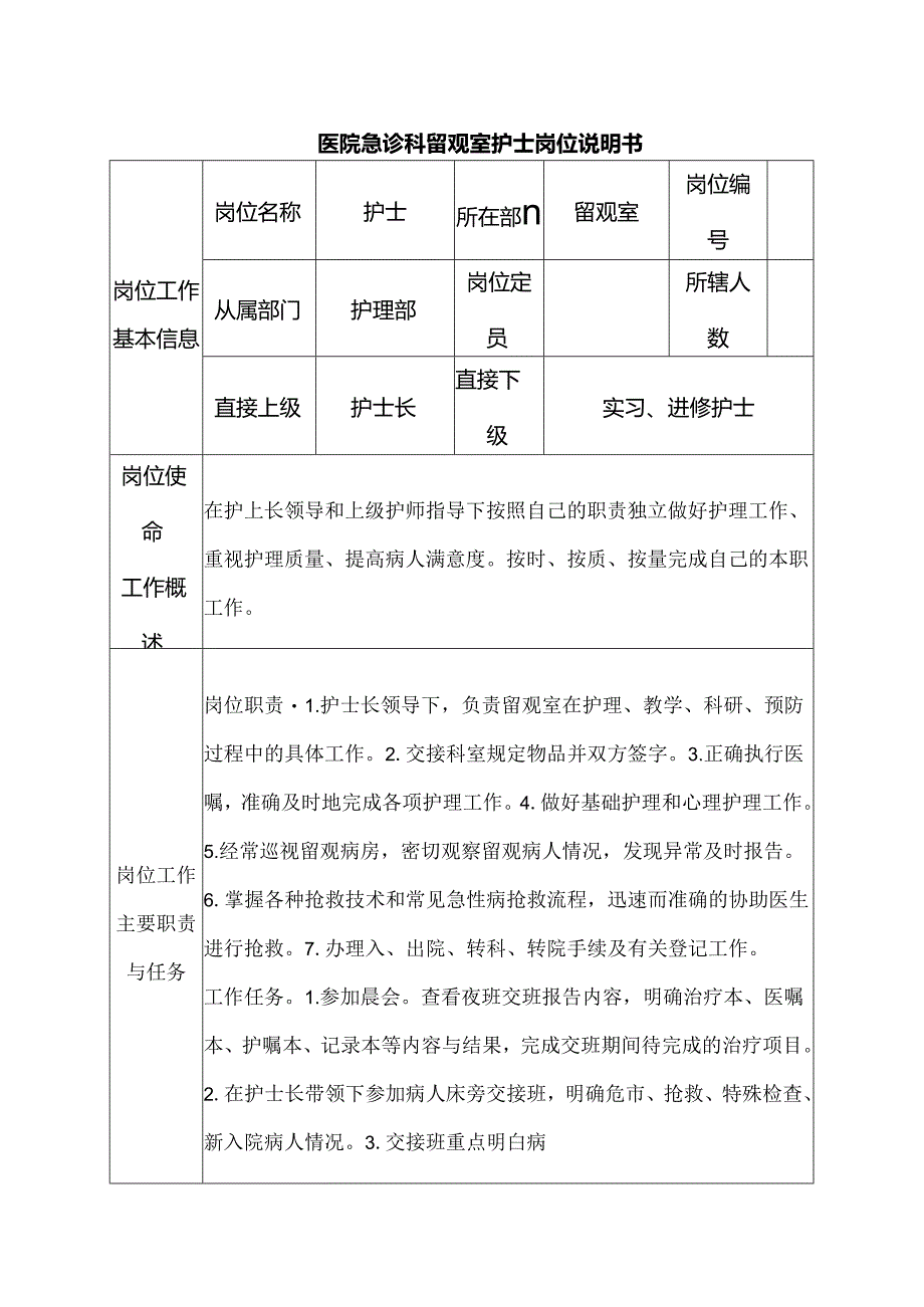 医院急诊科留观室护士岗位说明书.docx_第1页