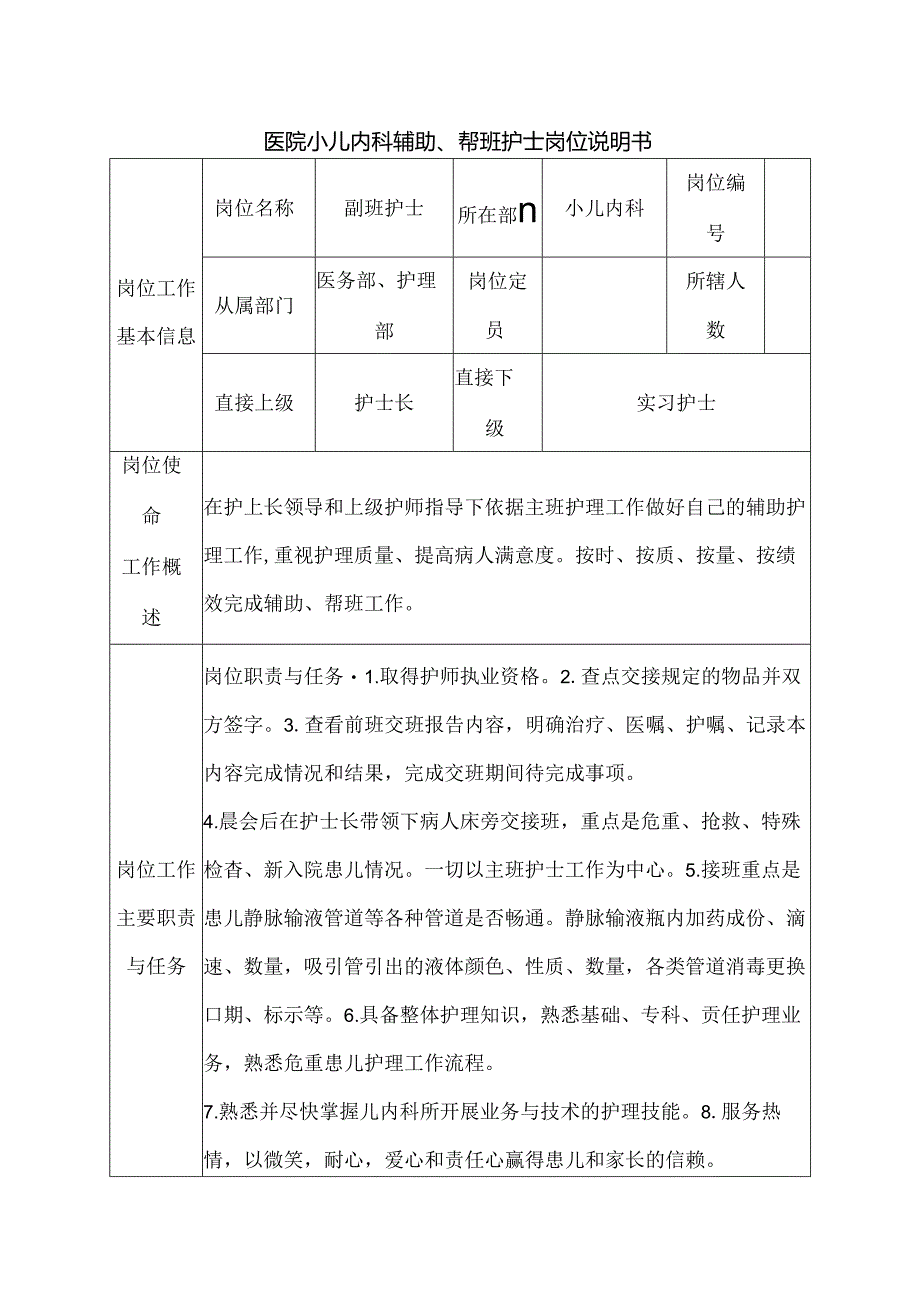 医院小儿内科辅助、帮班护士岗位说明书.docx_第1页