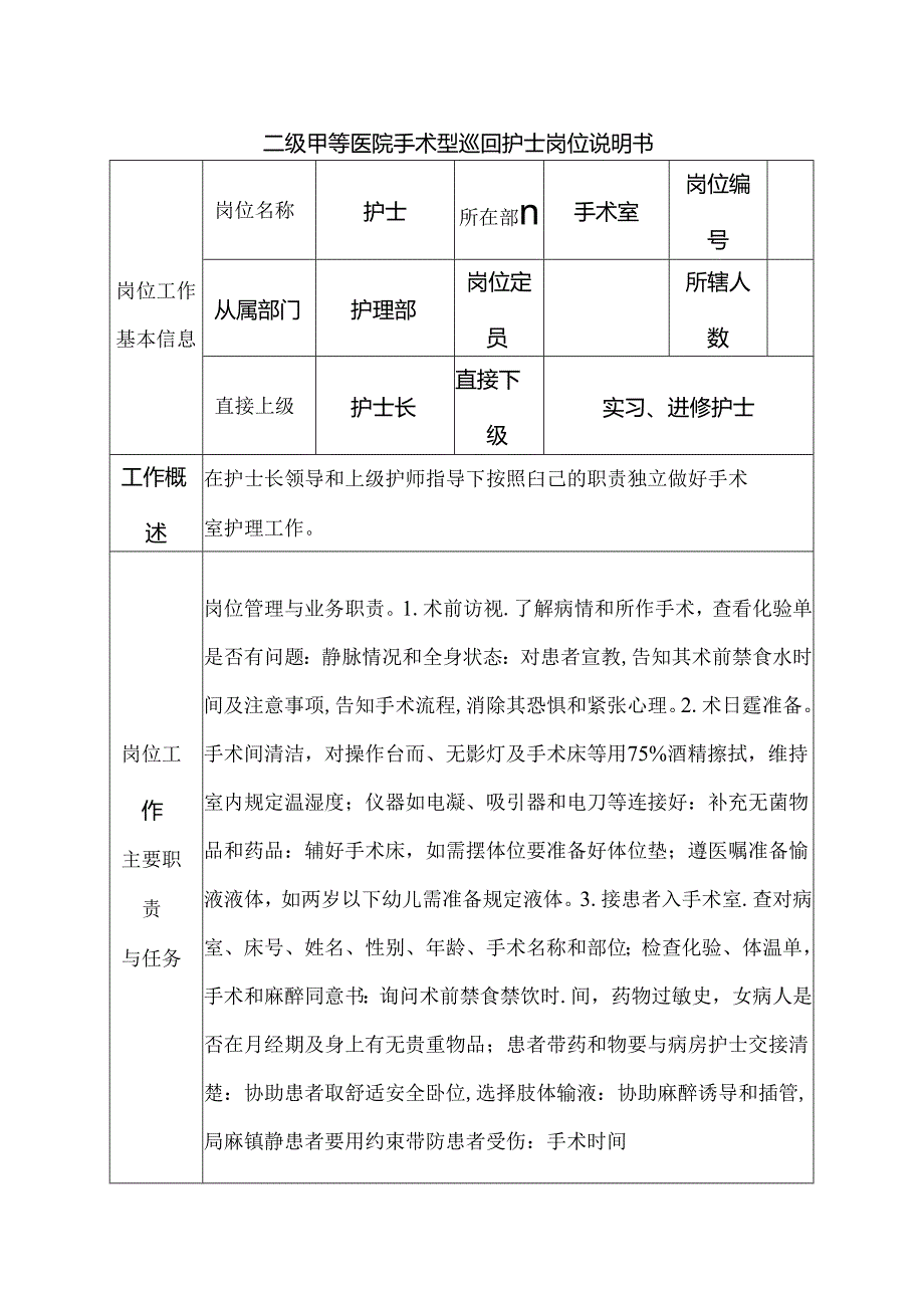 二级甲等医院手术室巡回护士岗位说明书.docx_第1页