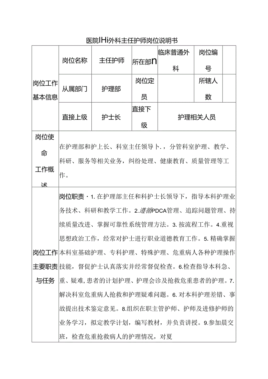 医院普通外科主任护师岗位说明书.docx_第1页