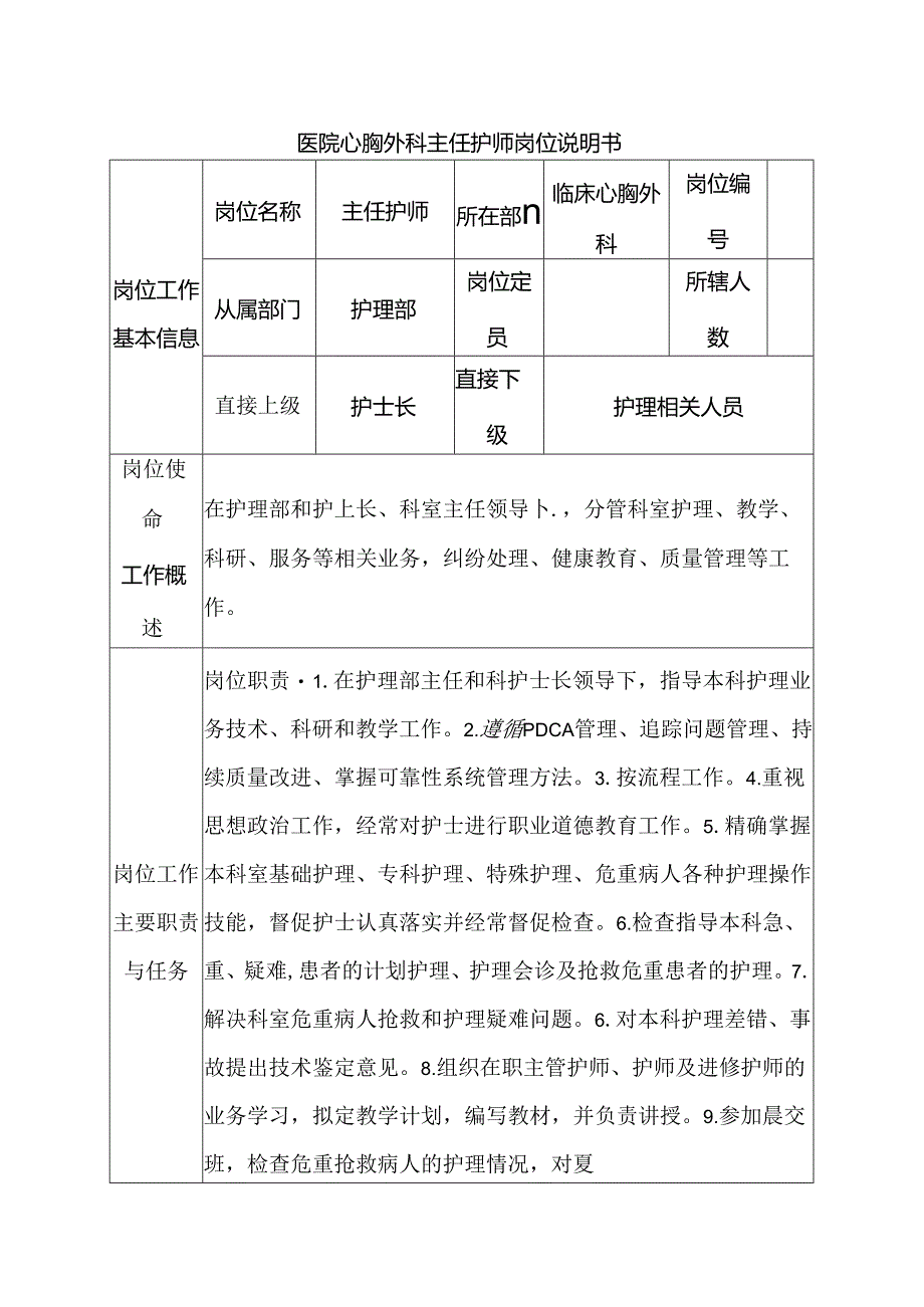 医院心胸外科主任护师岗位说明书.docx_第1页