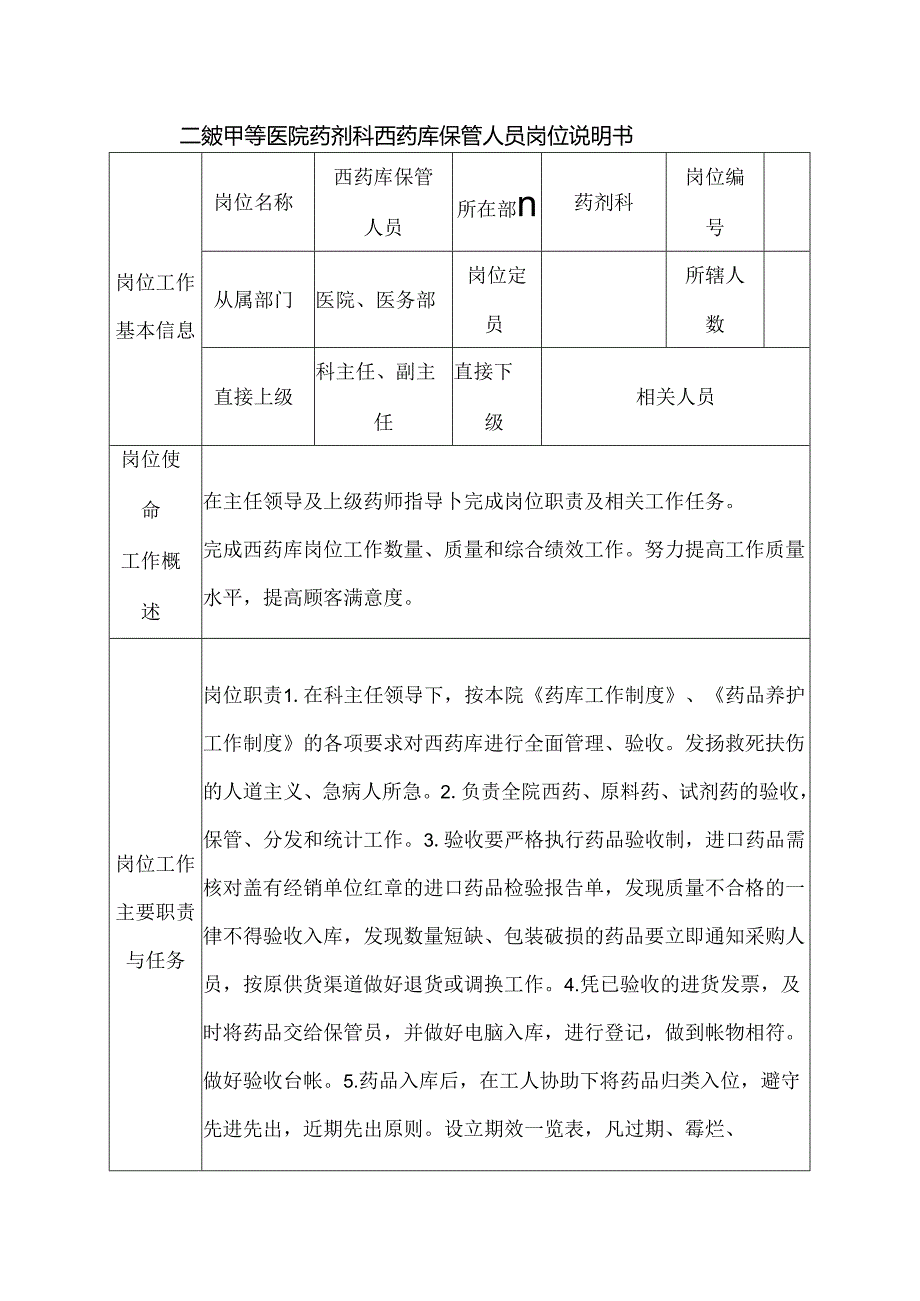 二级甲等医院药剂科西药库保管人员岗位说明书.docx_第1页