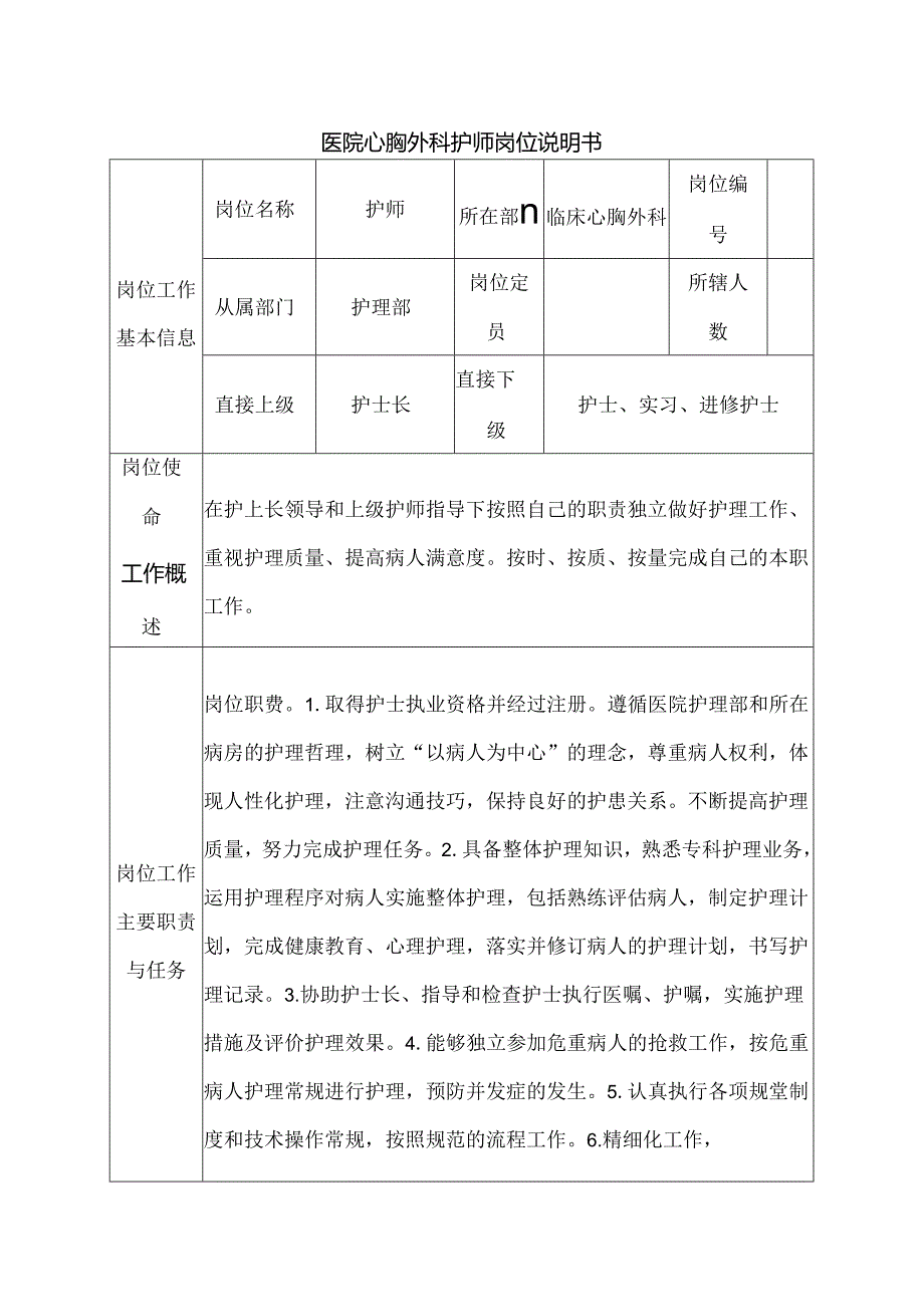 医院心胸外科护师岗位说明书.docx_第1页