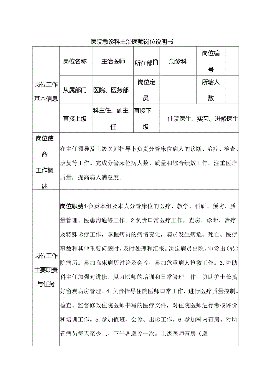 医院急诊科主治医师岗位说明书.docx_第1页