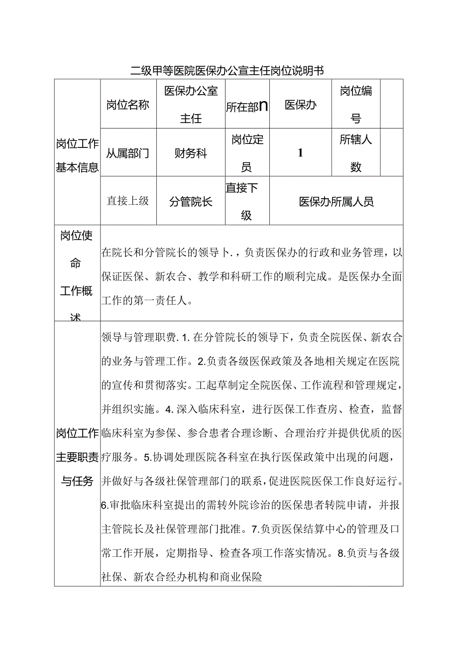 二级甲等医院医保办公室主任岗位说明书.docx_第1页