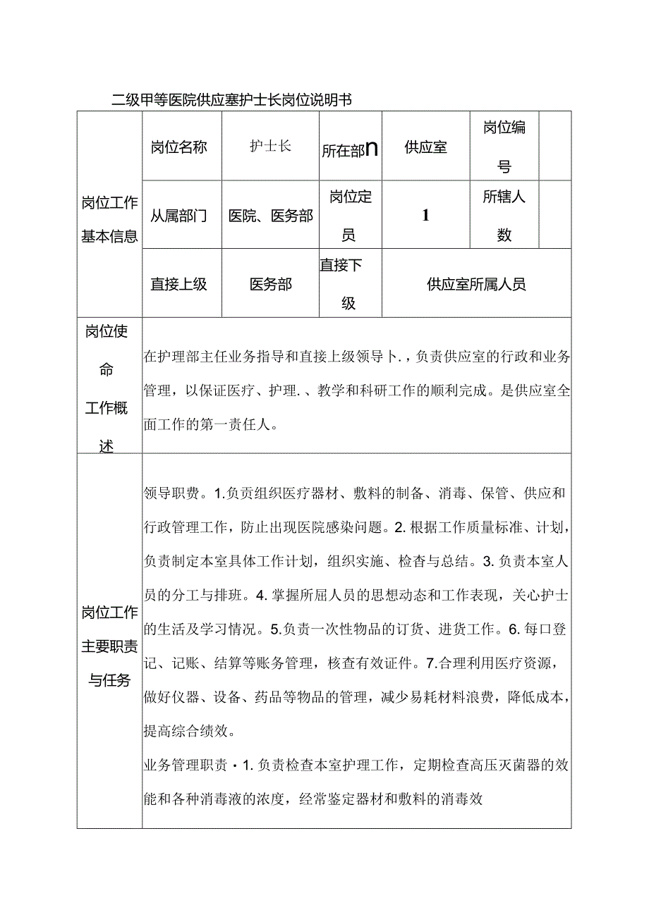 二级甲等医院供应室护士长岗位说明书.docx_第1页