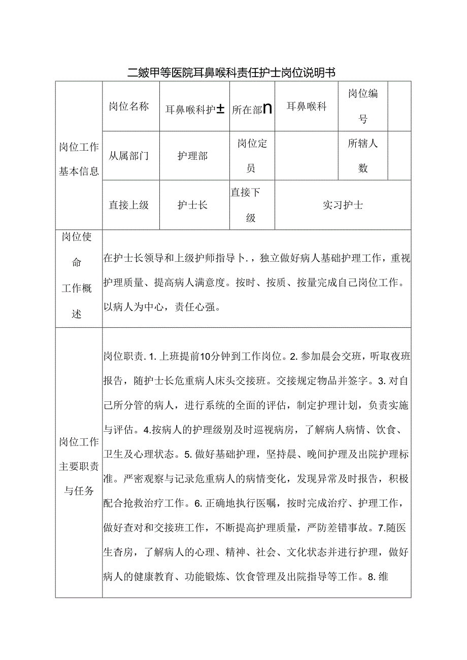 二级甲等医院耳鼻喉科责任护士岗位说明书.docx_第1页