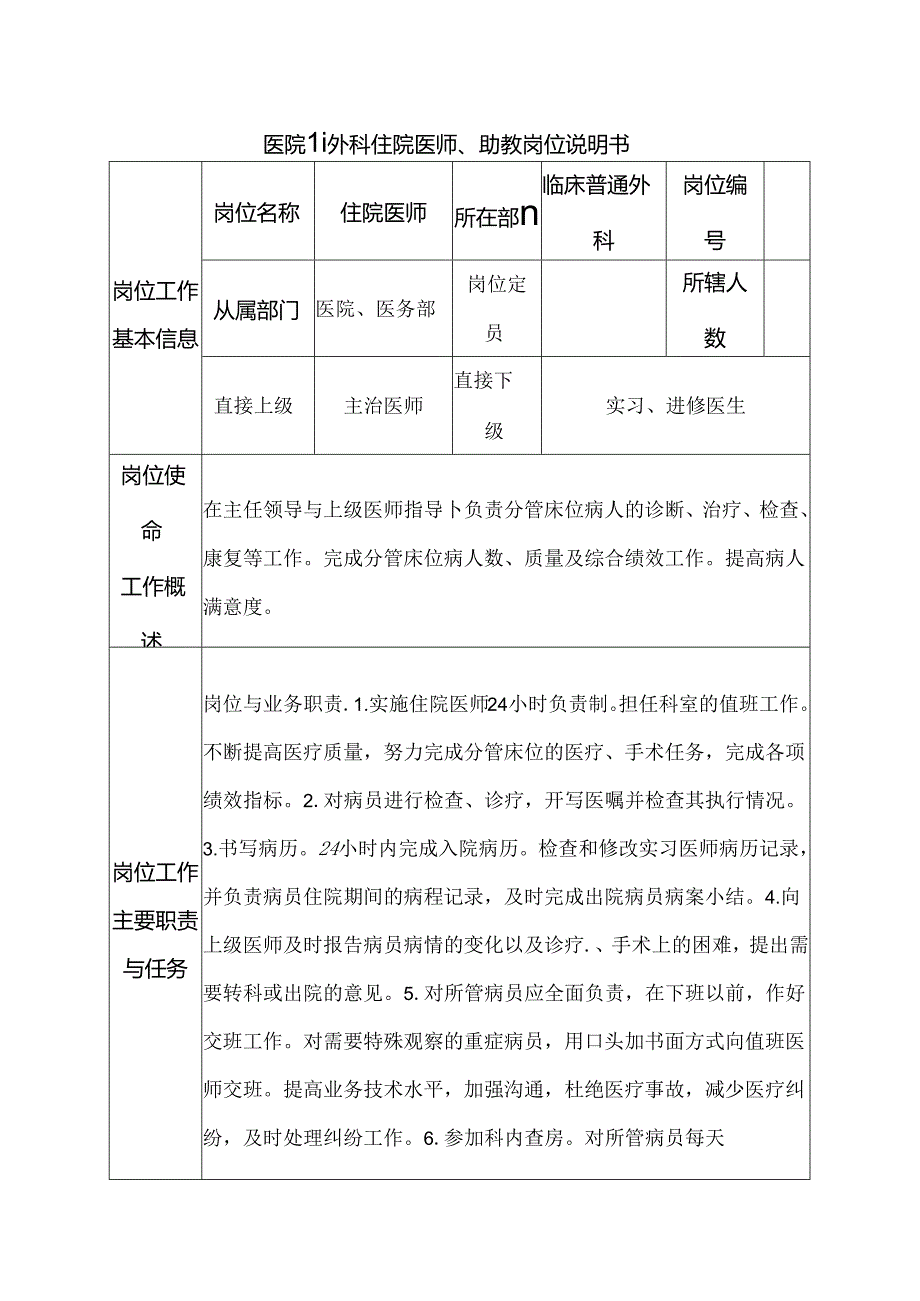 医院普通外科住院医师、助教岗位说明书.docx_第1页