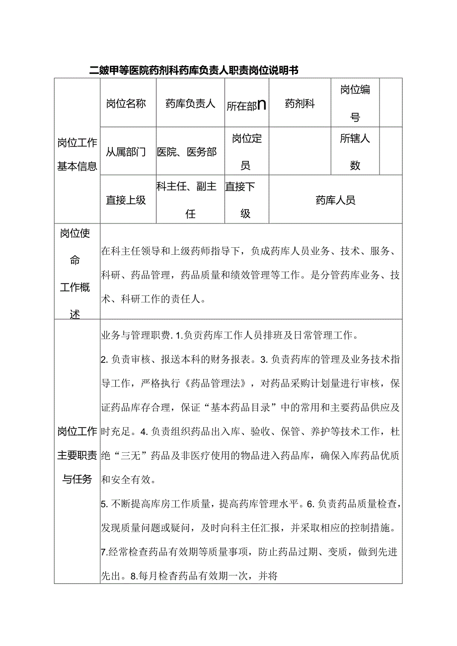 二级甲等医院药剂科药库负责人职责岗位说明书.docx_第1页