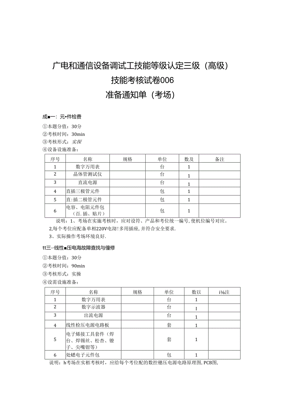 2024年山东省职业技能等级认定试卷 真题 广电和通信设备调试工高级 考场、考生准备通知单 (6).docx_第1页