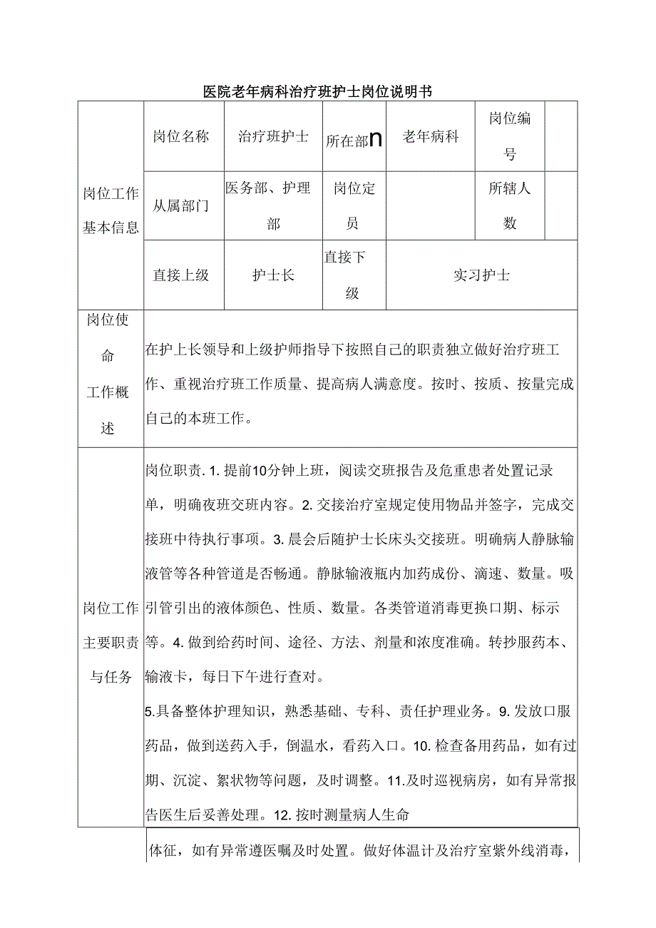 医院老年病科治疗班护士岗位说明书.docx_第1页