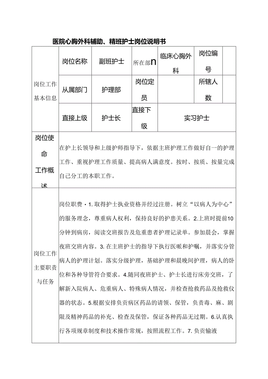 医院心胸外科辅助、帮班护士岗位说明书.docx_第1页