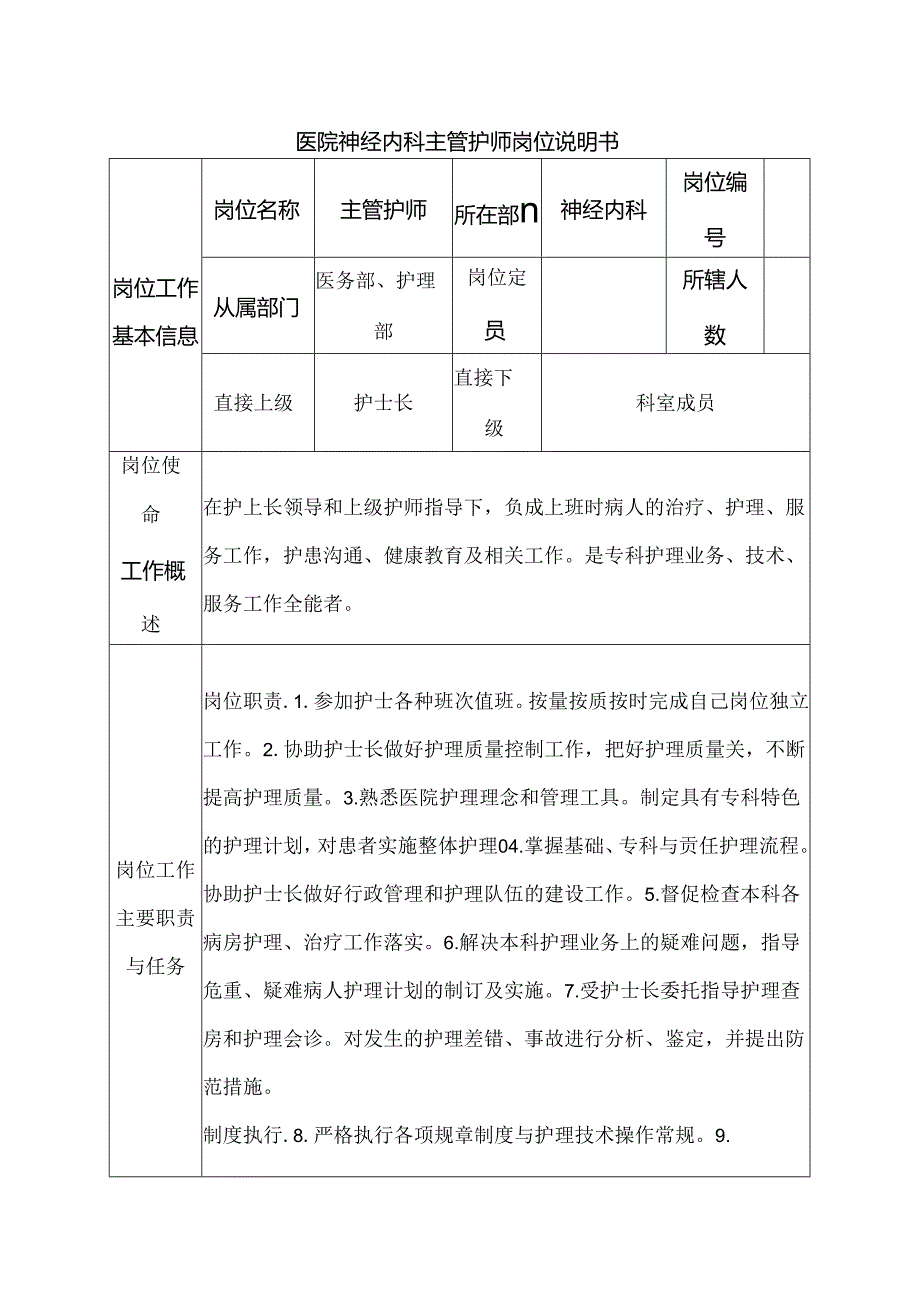 医院神经内科主管护师岗位说明书.docx_第1页