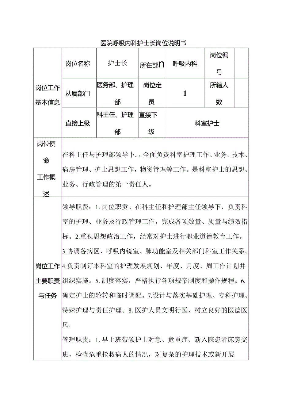 医院呼吸内科护士长岗位说明书.docx_第1页