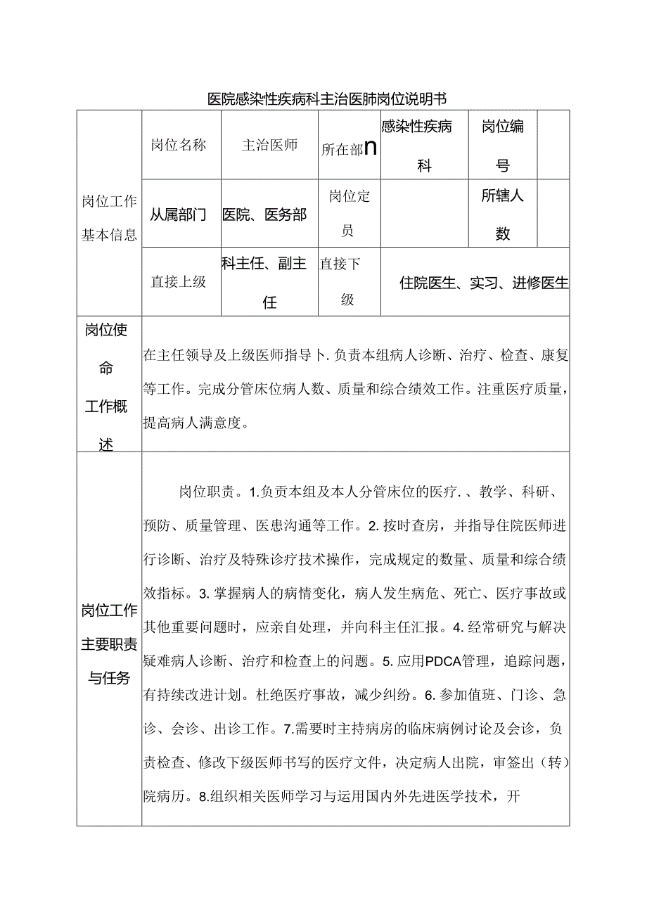 医院感染性疾病科主治医师岗位说明书.docx_第1页