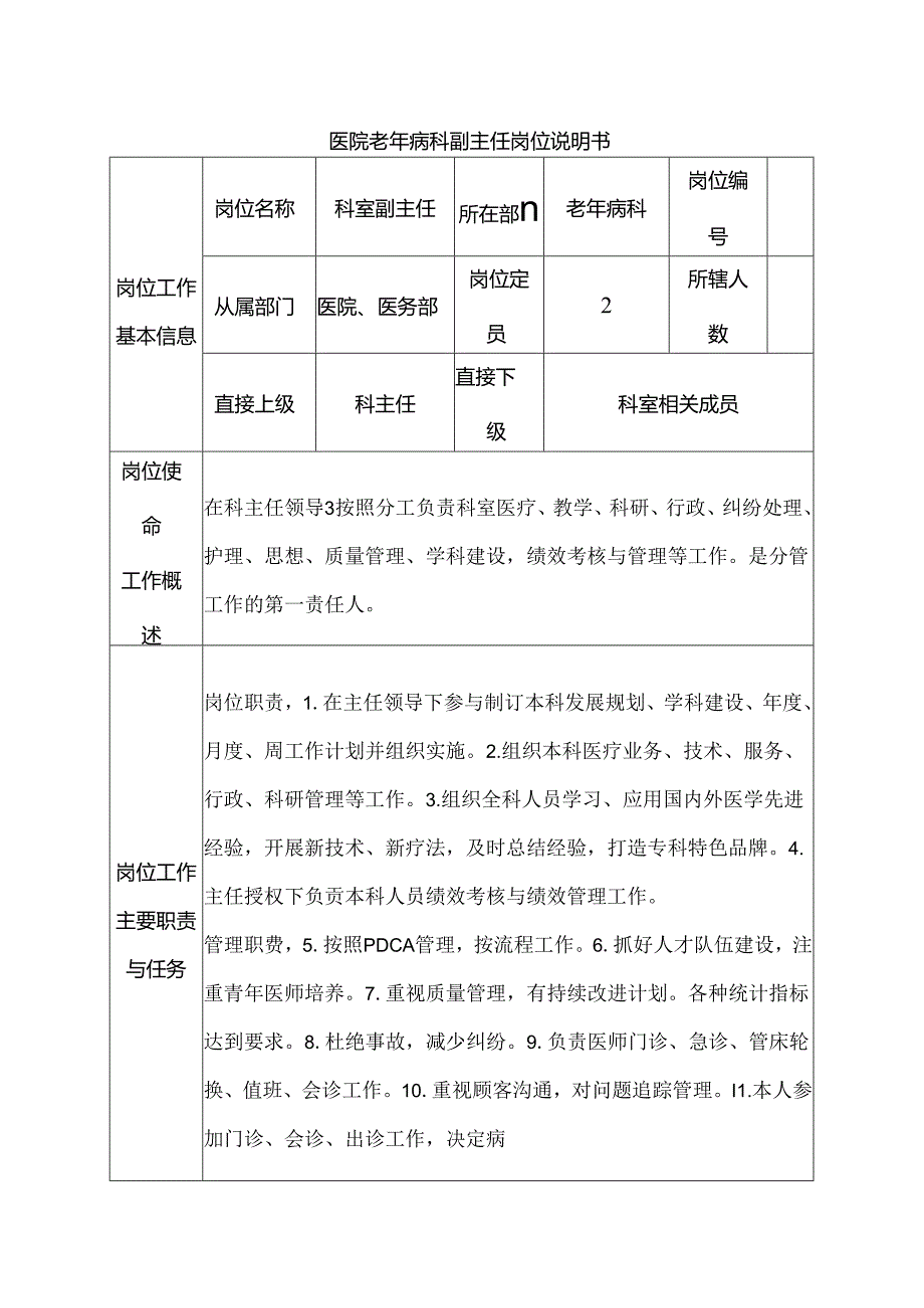 医院老年病科副主任岗位说明书.docx_第1页