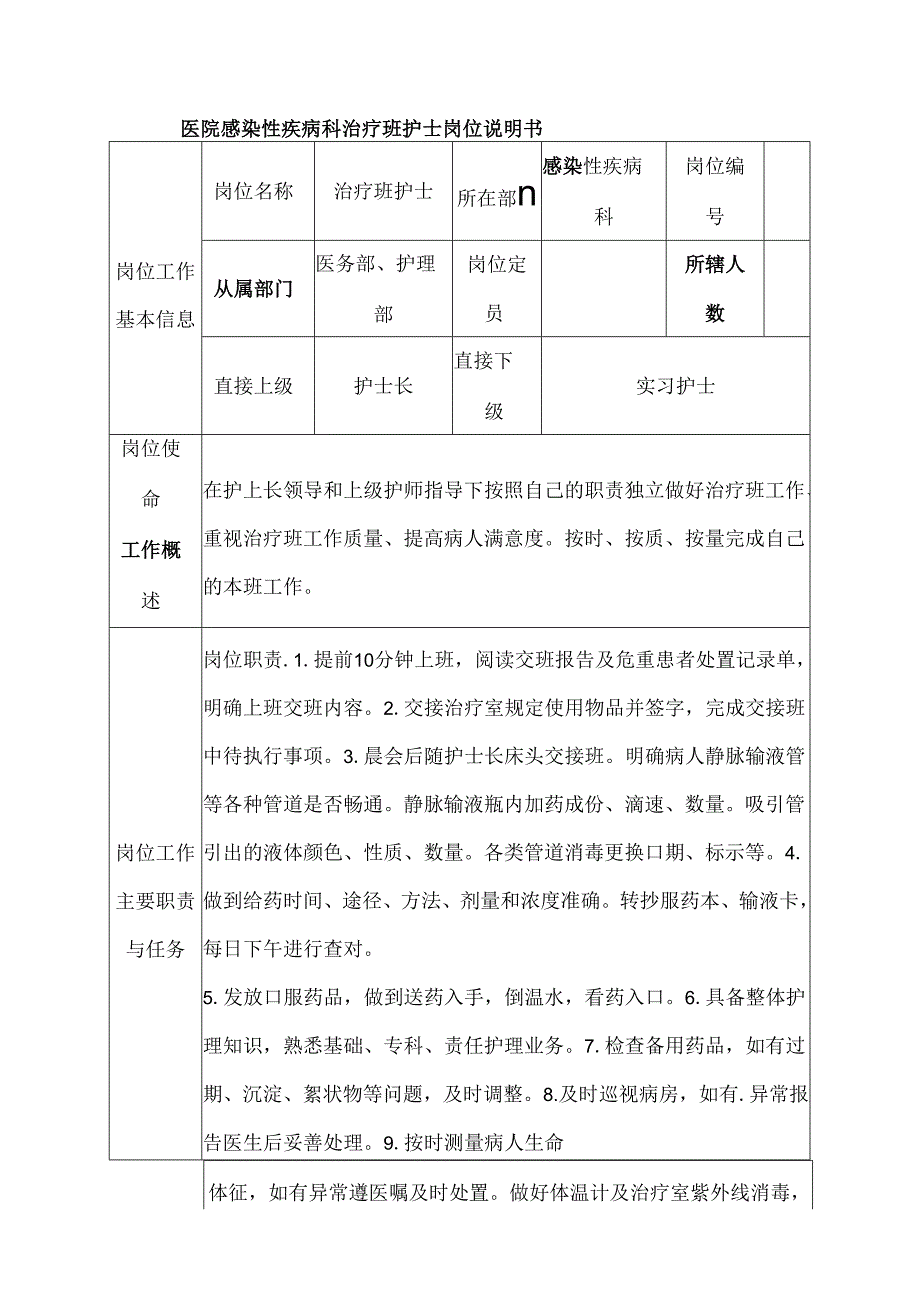 医院感染性疾病科治疗班护士岗位说明书.docx_第1页