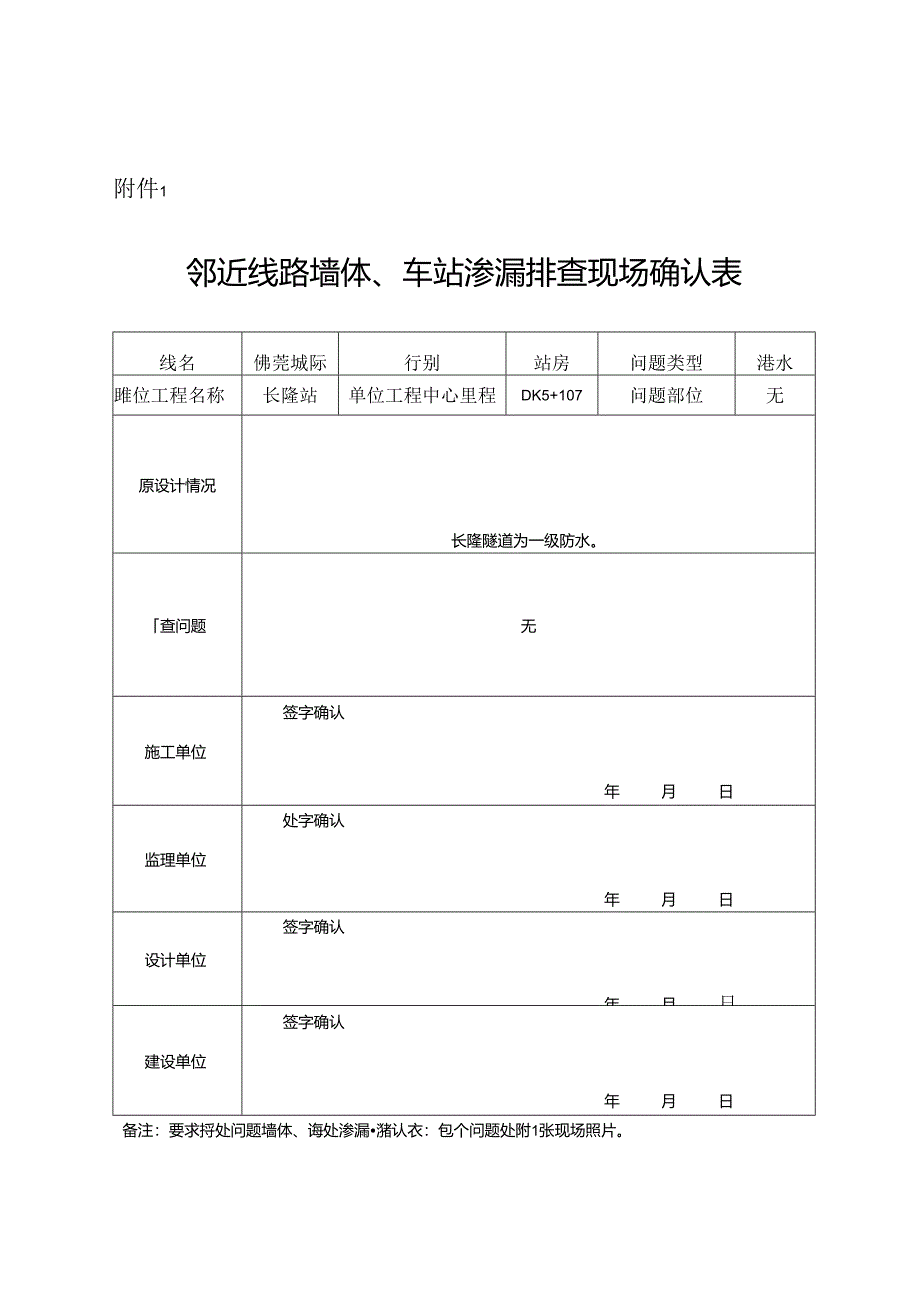 佛莞城际1标开展邻近线路墙体、车站渗漏问题全面排查表.docx_第1页