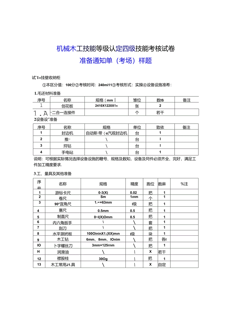 2024年山东省职业技能等级认定试卷 真题 机械木工 考场、考生准备通知单样题.docx_第1页