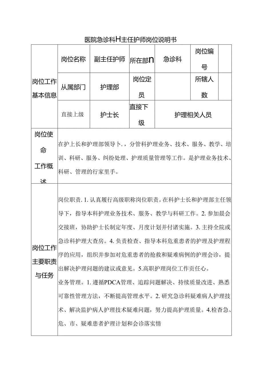 医院急诊科副主任护师岗位说明书.docx_第1页