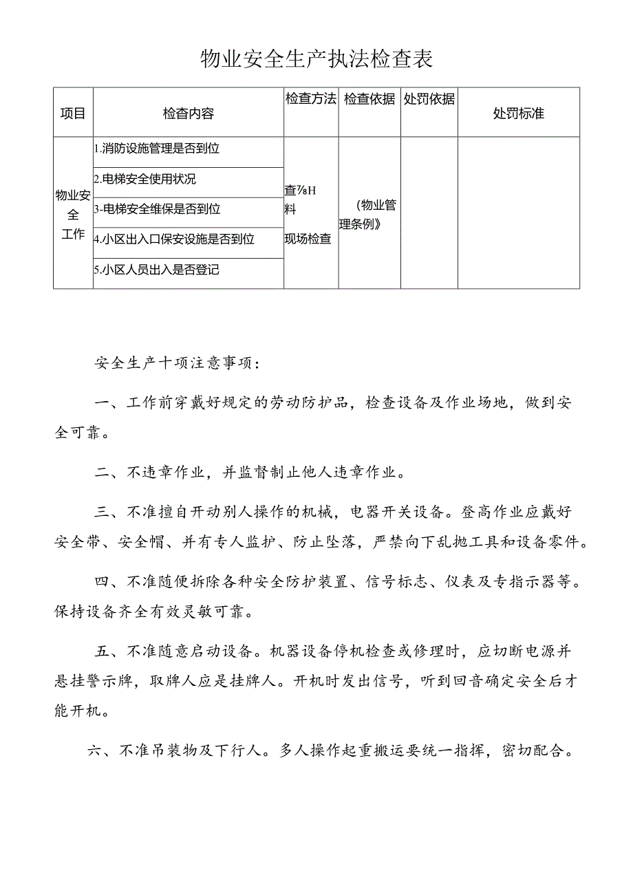 物业安全生产执法检查表.docx_第1页