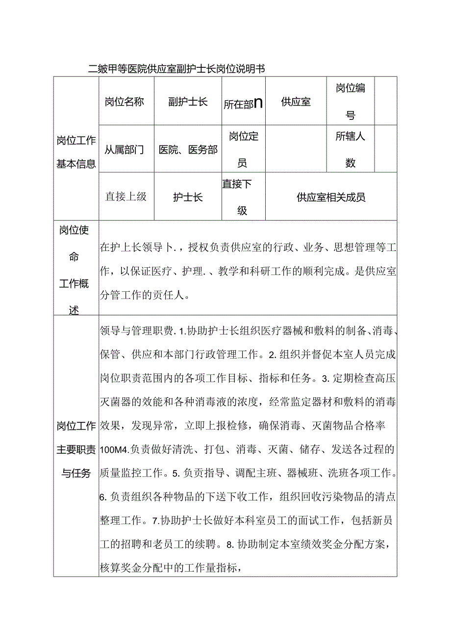 二级甲等医院供应室副护士长岗位说明书.docx_第1页