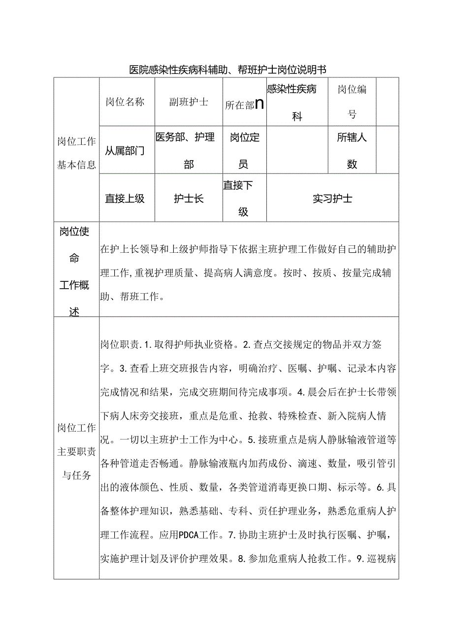 医院感染性疾病科辅助、帮班护士岗位说明书.docx_第1页