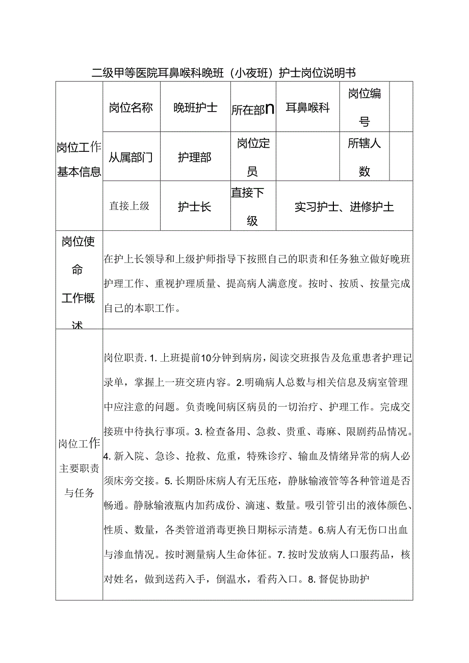 二级甲等医院耳鼻喉科晚班（小夜班）护士岗位说明书.docx_第1页