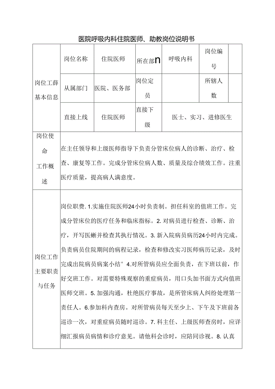 医院呼吸内科住院医师、助教岗位说明书.docx_第1页