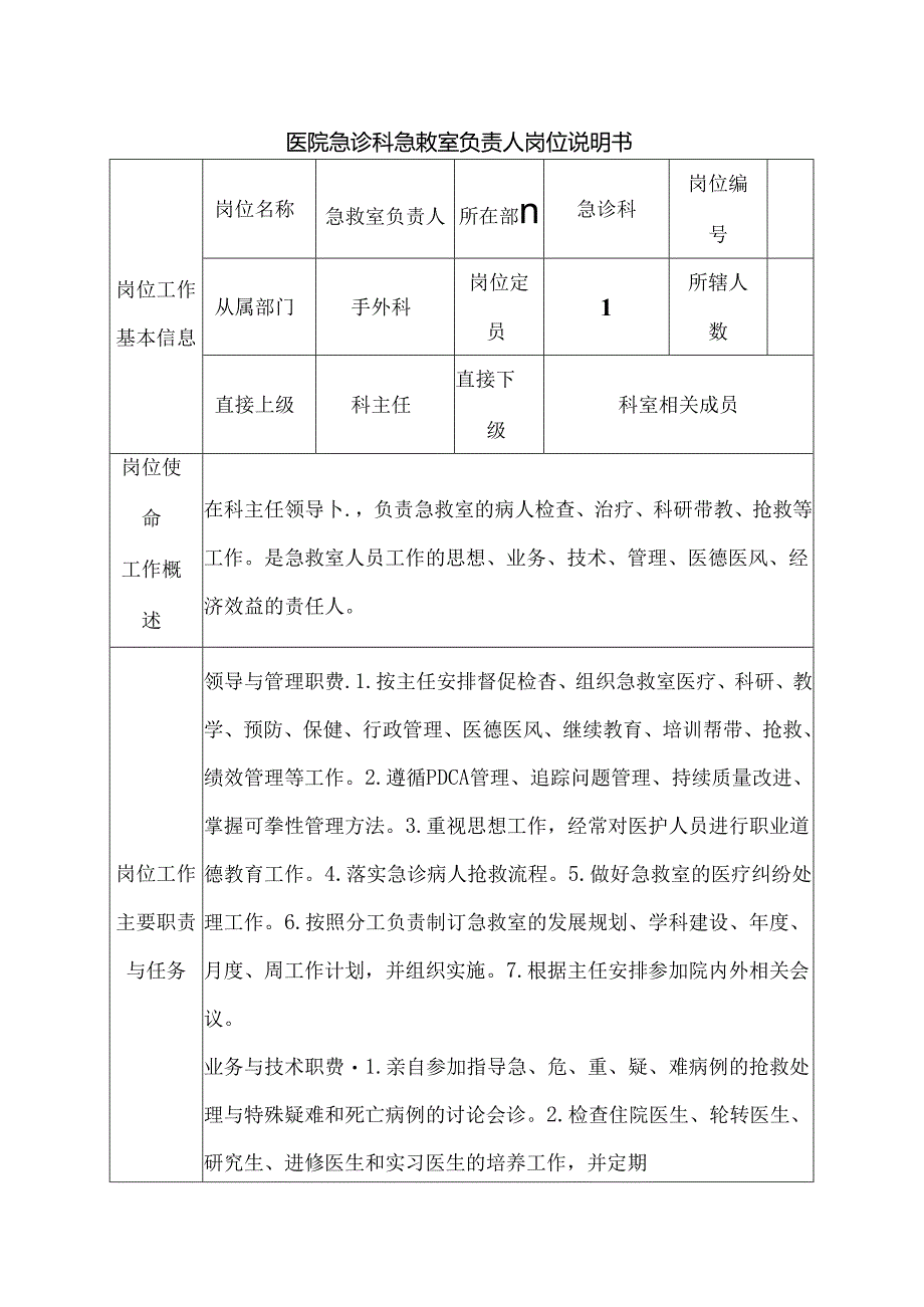 医院急诊科急救室负责人岗位说明书.docx_第1页