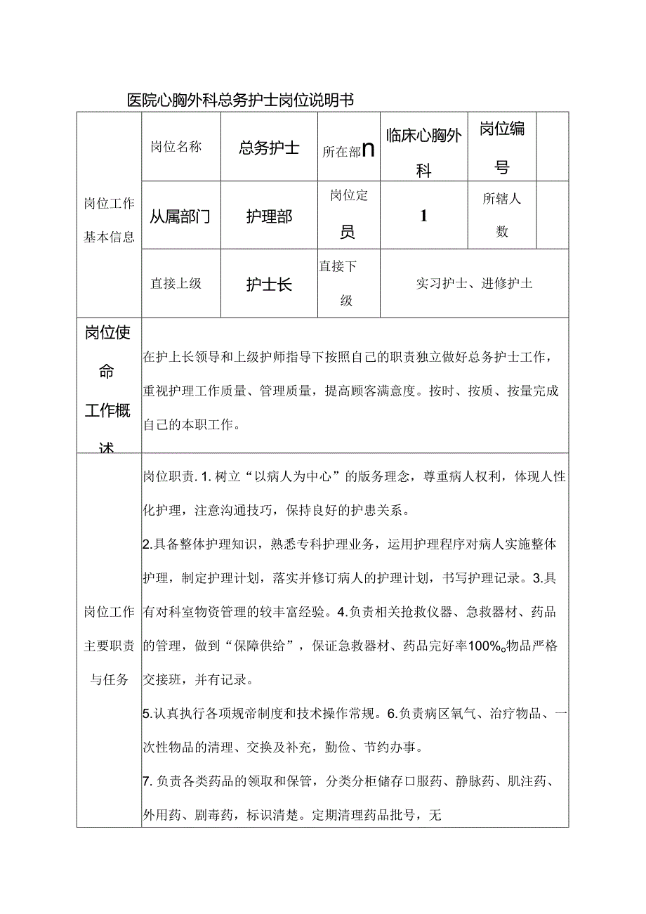 医院心胸外科总务护士岗位说明书.docx_第1页