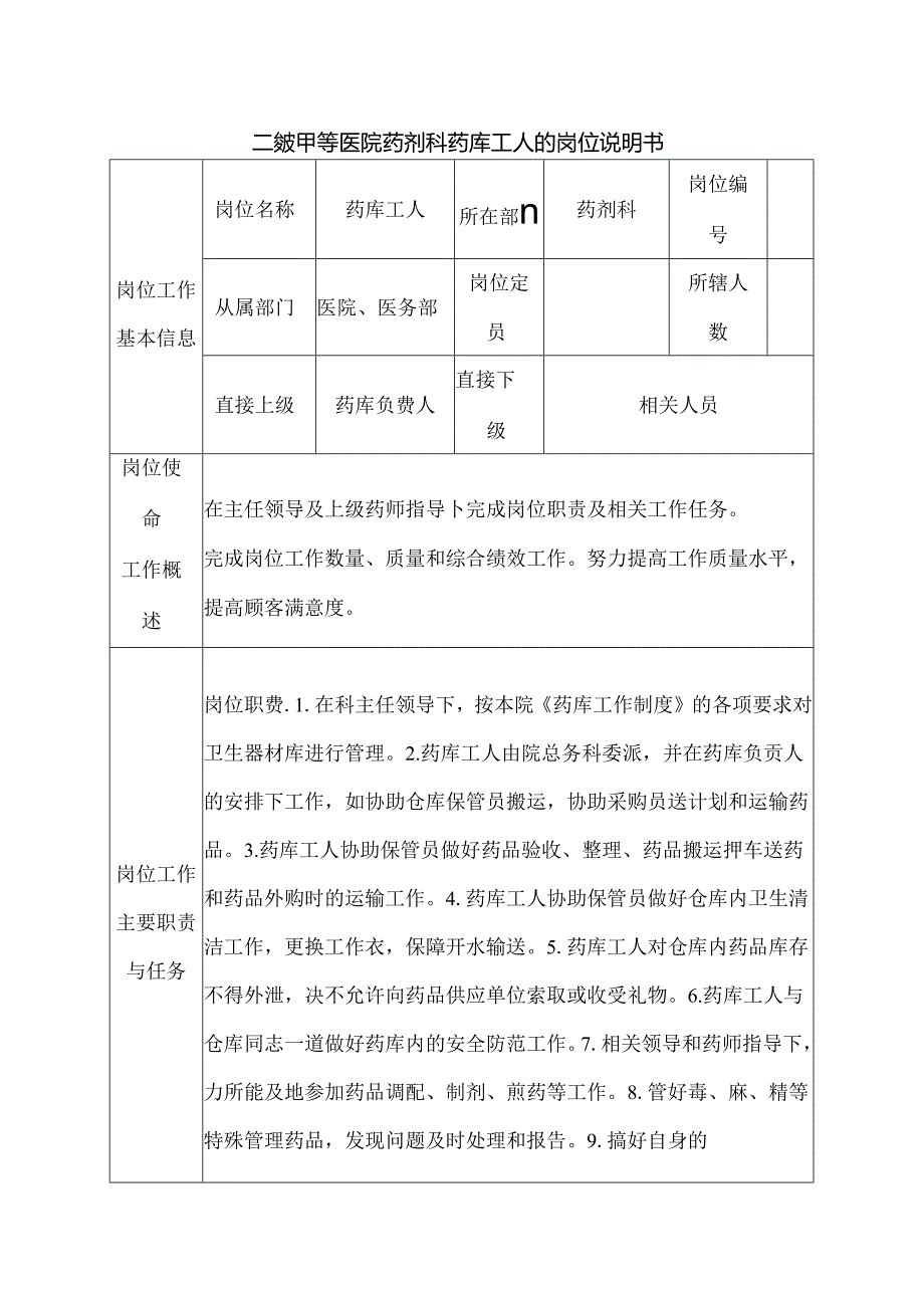 二级甲等医院药剂科药库工人的岗位说明书.docx_第1页