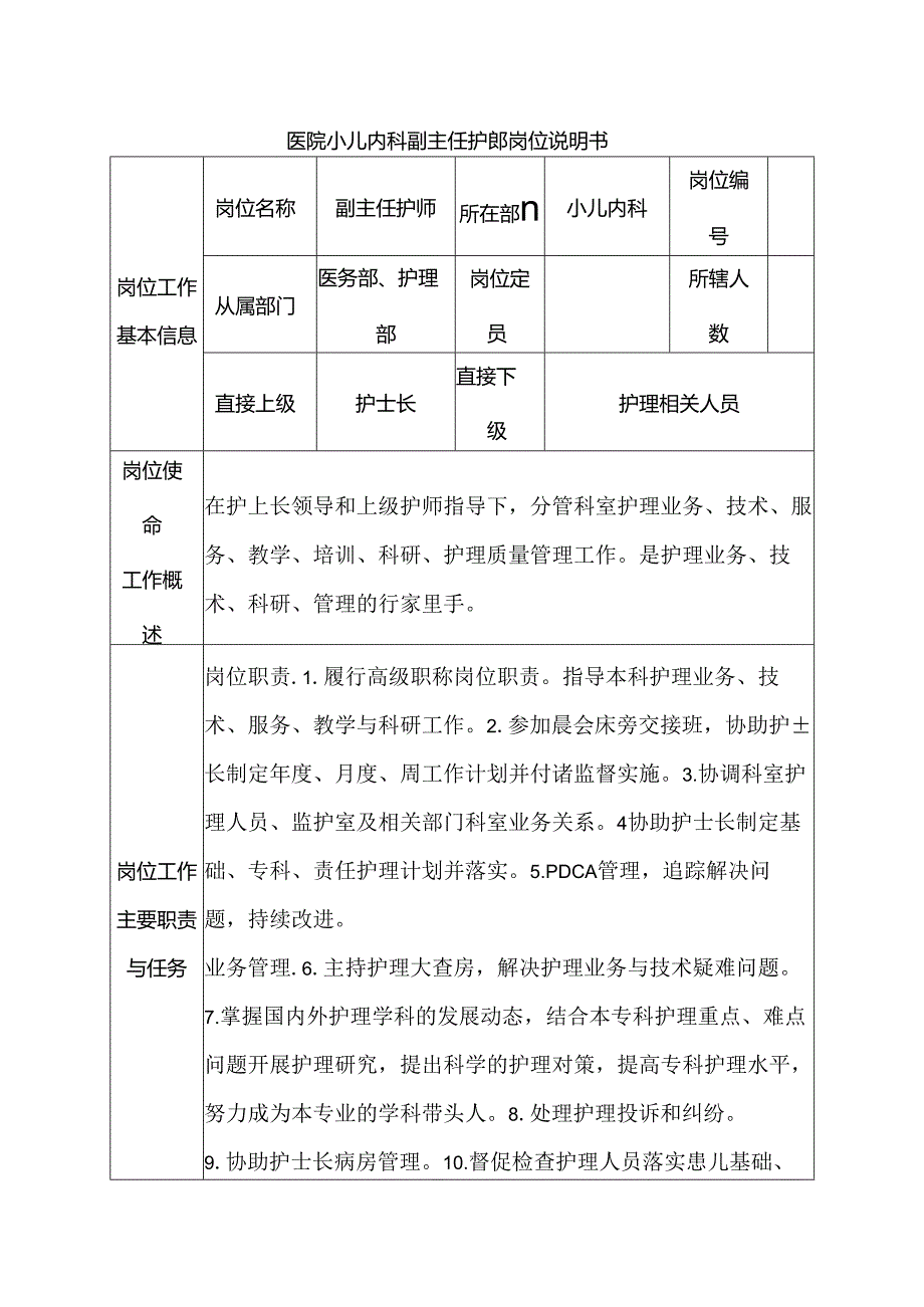 医院小儿内科副主任护师岗位说明书.docx_第1页