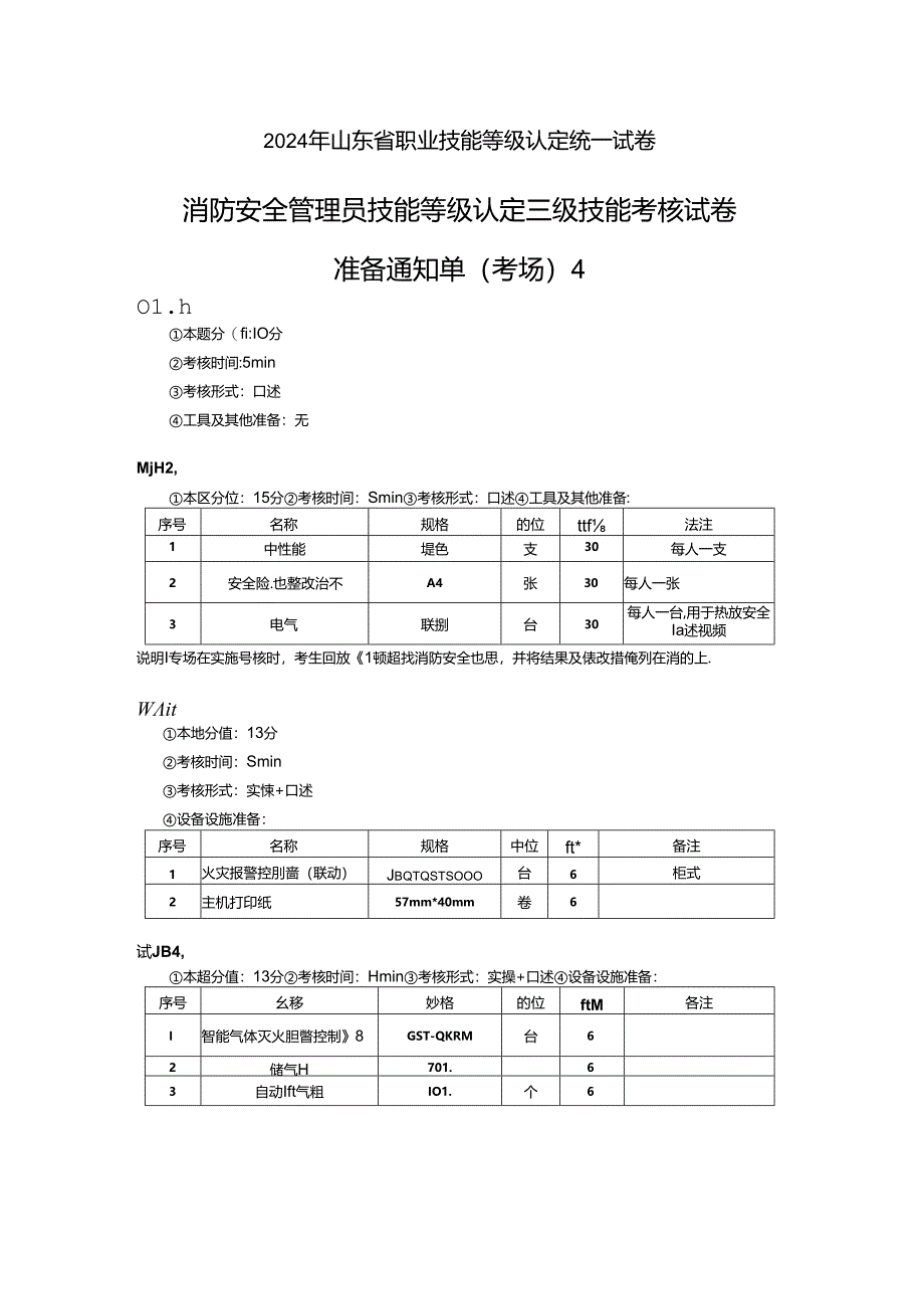 2024年山东省职业技能等级认定试卷 真题 消防安全管理员三级技能考核试卷4--考场、考生准备通知单4.docx_第1页